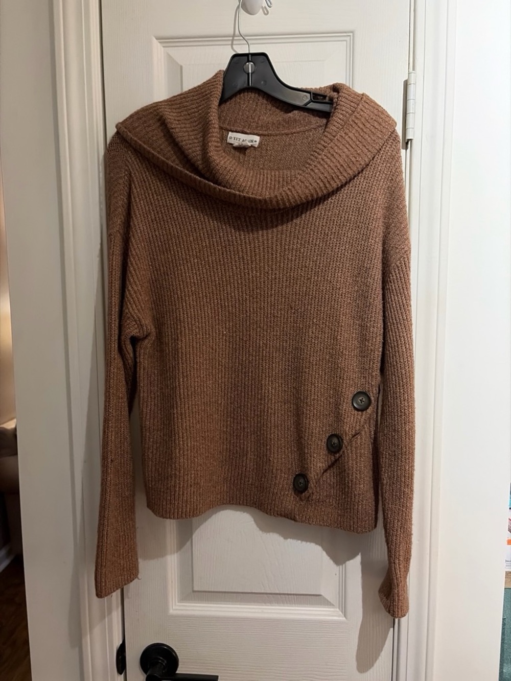 Ribbed Cowl Neck Sweater with Side Button Detail - Women's Brown